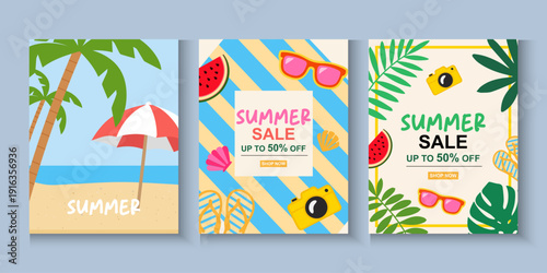 Summer backgrounds, cards, banner templates.  Summer sale festival promotion poster yellow and light blue concept design with tropical beach elements and wooden coconut,sun on blue sky background.