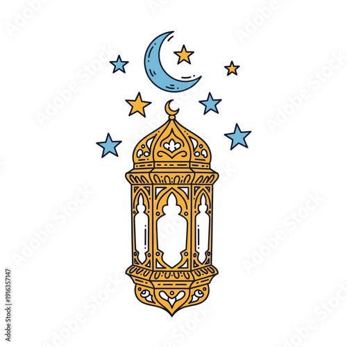 Islamic lantern with crescent moon and stars illustration.