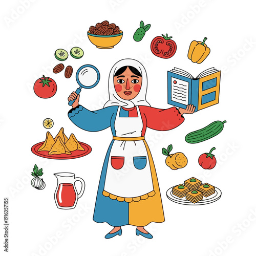 Woman in traditional dress examining food ingredients and recipe book.