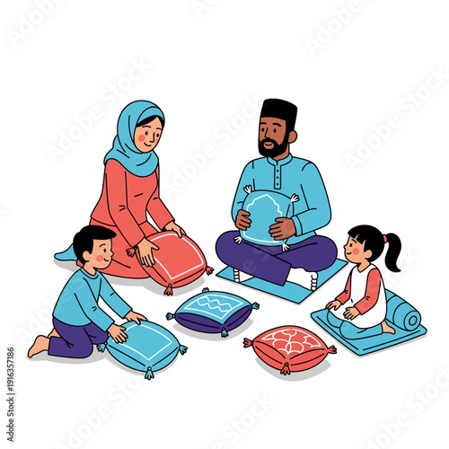Muslim family praying together on prayer mats in a serene setting.