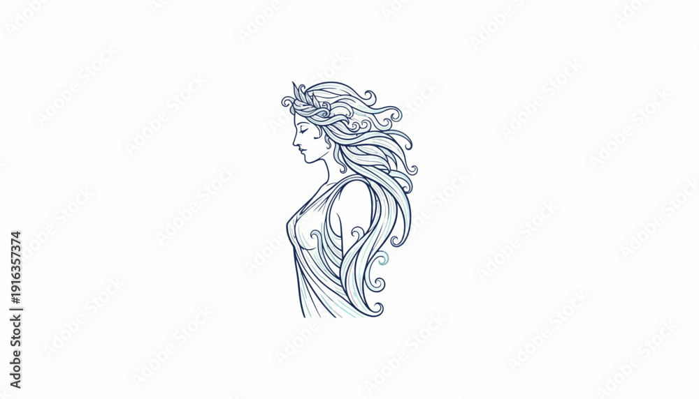 Fototapeta premium Elegant Woman Profile Silhouette, Art Nouveau Style, Flowing Hair, Crown, Vintage Beauty