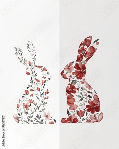 Floral Bunny Silhouette with Red Flowers Minimal Spring Design