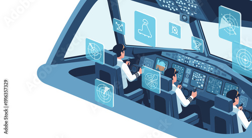 Airplane Cockpit Crew Operating Flight Controls.