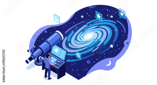 Astronomer Observing Galaxy Through Telescope Illustration.