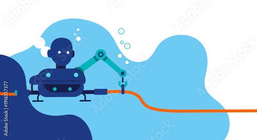 Blue Robot Arm Working With Wire Technology.