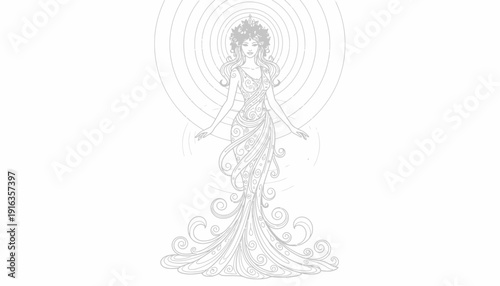 Elegant Woman with Flowing Dress and Aura, Art Nouveau Inspired Illustration
