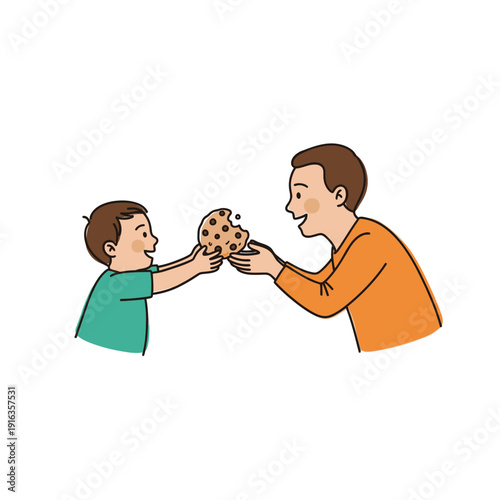 Man and boy sharing a chocolate chip cookie together happily.