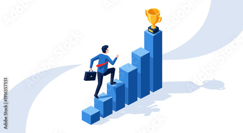 Businessman Climbing Bar Graph Towards Trophy Success.