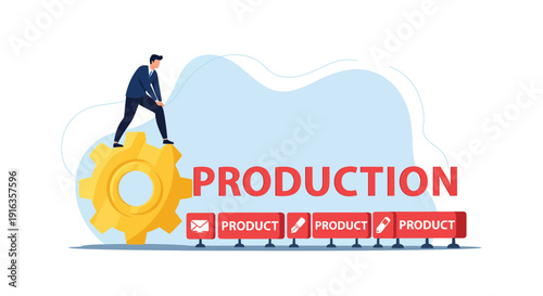 Businessman Operating Production Line Gear Mechanism.