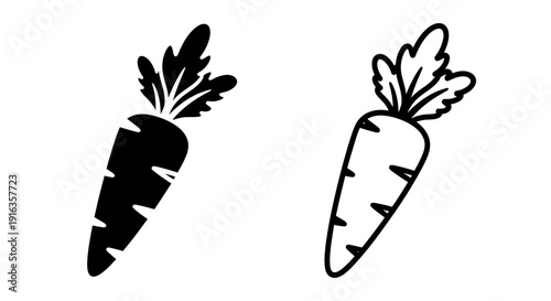 Two black and white carrots with green leaves on white background Vector