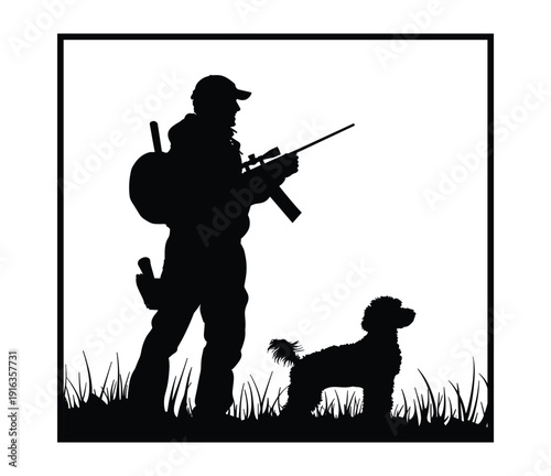 Silhouette of Hunter with Rifle and Hunting Dog in Grass Field
