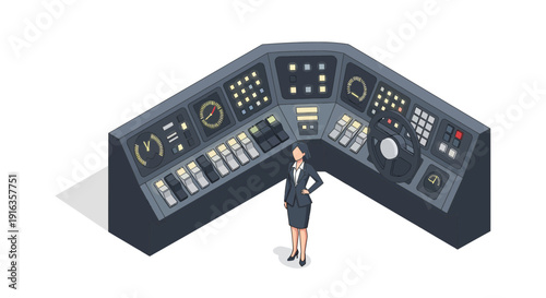 Businesswoman Standing Near Control Panel with Buttons and Screens.