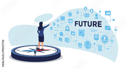 Businesswoman Standing on Compass Pointing to Future.