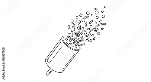Confetti Popper Exploding With Streamers and Circles Line Art Illustration