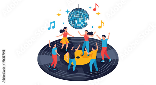 Group of People Dancing Around Record Player with Disco Ball.