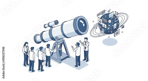 Group of People Observing Through Large Telescope.
