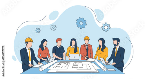 Group of professionals discussing architectural plans.