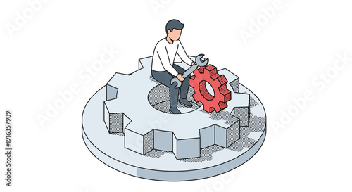 Illustration of Man Adjusting Gear Mechanism on Large Cogwheel.