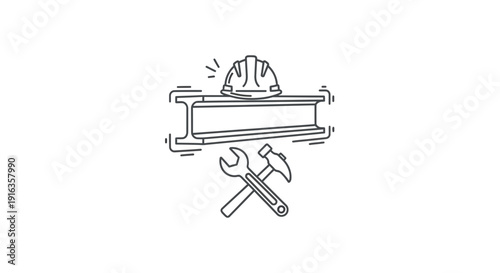 Construction Industry Tools and Safety Gear Icon: Steel Beam, Hard Hat, Wrench, Hammer