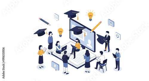 Isometric Online Education Virtual Learning Concept Illustration.