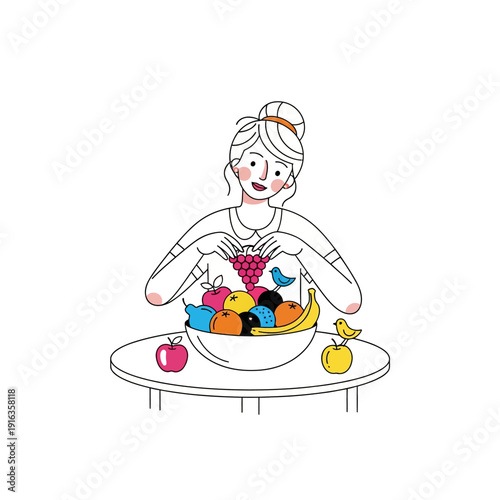 Woman happily preparing a fruit salad with various colorful fruits.
