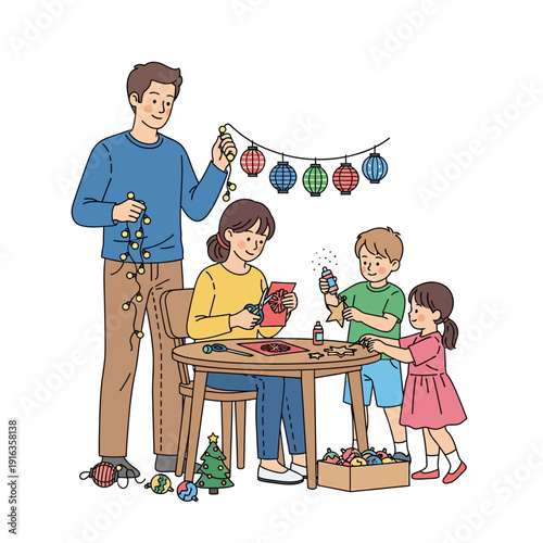 Family decorating Christmas ornaments together at home.