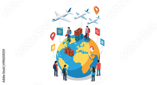 People Interacting Around Globe With Airplanes Above.