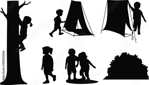 Children camping silhouettes set with kids playing outdoors, tent setup, nature adventure activities, childhood exploration scenes isolated on white background for summer camp and outdoor lifestyle 