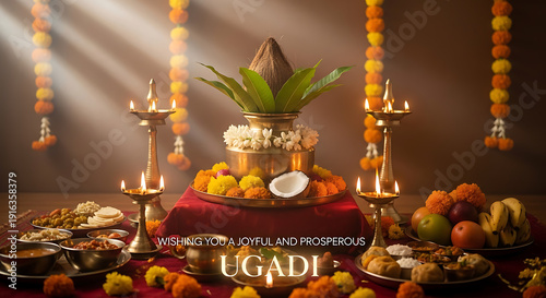 Vibrant Ugadi festival celebration with traditional decorations and offerings on a red cloth
