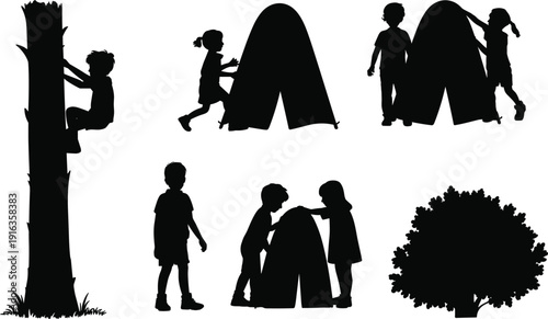 Children camping silhouettes set showing kids climbing trees and setting tents, outdoor adventure scenes isolated on white background for summer camp, nature and exploration concepts
