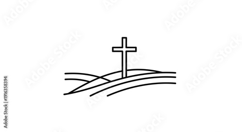 Christian Cross on Rolling Hills Landscape, Religious Symbol, Faith and Hope