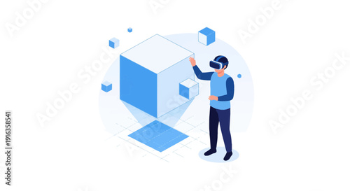 Person Using Virtual Reality Headset Interacting With Digital Cube.
