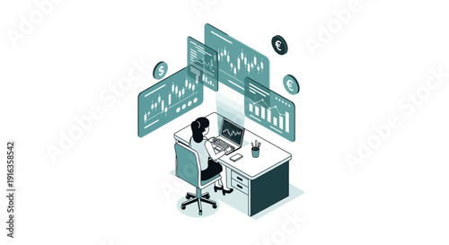 Person Working on Computer with Data Analytics Screens.