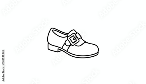Black and white line drawing of a single buckled shoe, isolated on white background.