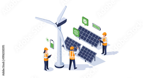 Renewable Energy Engineers Working on Solar Panels and Wind Turbine.