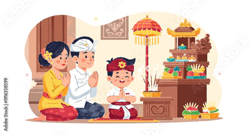 Balinese Child Praying with Parents at Home Altar During Nyepi Day in Cute Flat Vector Illustration