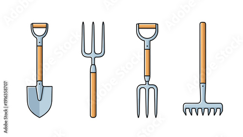 Collection of various garden tools including a shovel, pitchfork, hand fork, and rake with wooden handles and blue metal heads on white.