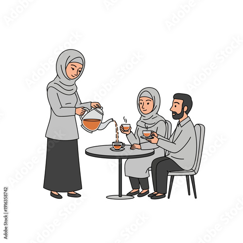 Muslim couple enjoying traditional tea service.