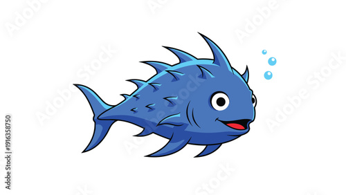 Cute cartoon illustration of a blue spiky fish with large round eyes and a friendly expression swimming near small air bubbles in the water.