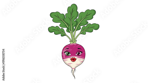 Playful cartoon character illustration of a purple and white radish with green leaves and a cute smiling face including large eyes and lips.