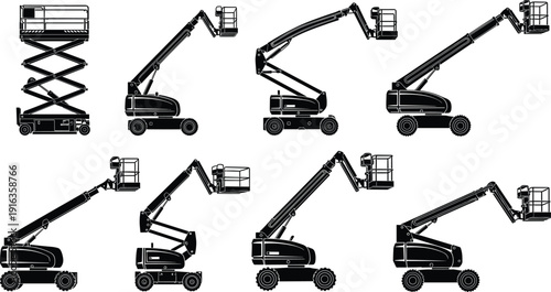 Set of aerial work platform and lift silhouettes in different positions isolated on white background construction equipment illustration for industrial access and maintenance use
