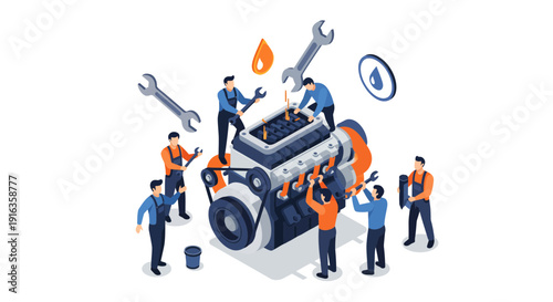 Team of Mechanics Repairing Large Engine Illustration.