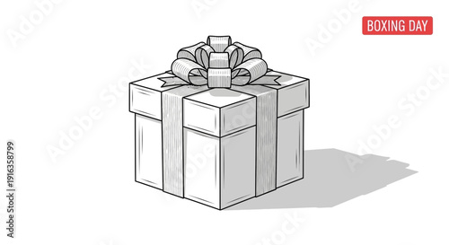 Boxing Day Gift Box with Ribbon and Bow, Hand Drawn Sketch Style