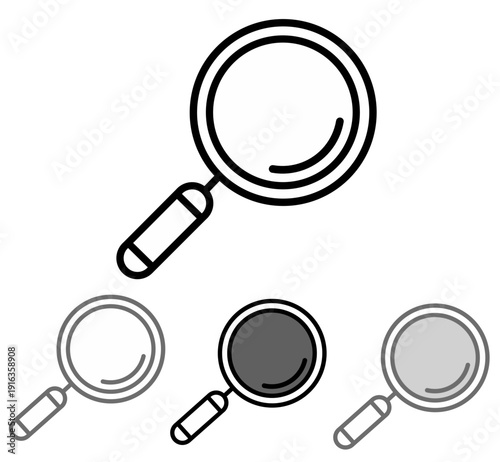 Vector magnifying glass icon. Magnifying glass icon set in various line weights and shading styles for search, discovery, and zoom interface design elements