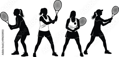 Set of female tennis player silhouettes in action poses isolated on white background, black sports figures collection for fitness, competition, training, and athletic design