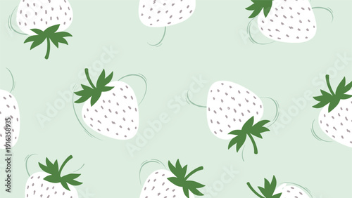 Whimsical seamless pattern of white strawberries with green leafy stems and dark seeds scattered on a soft mint green background for design.