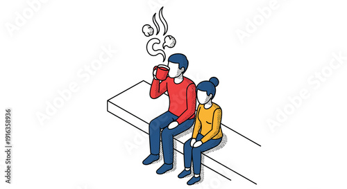 Two People Sitting Together One Drinking Hot Beverage.
