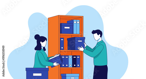 Two People Organizing Files in Office Cabinet.