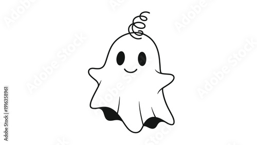 Cute and simple line art illustration of a friendly cartoon ghost with a small curly hair on top and a happy smiling face for Halloween.