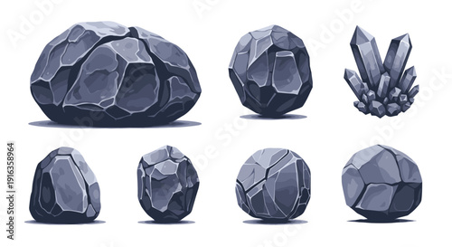 Collection of various gray stone boulders and a cluster of sharp crystals isolated on a white background in pixel art style.